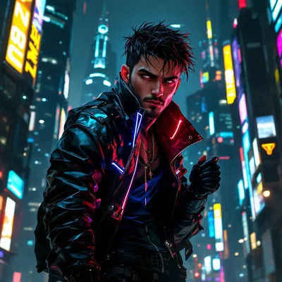 Cyberpunk character posing in a dystopian urban setting.