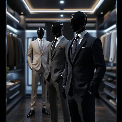 3D-rendered suits in a digital closet