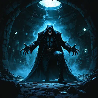 Comic book villain character in a dark lair