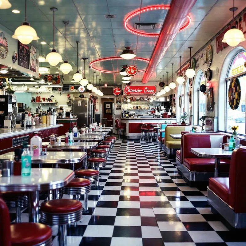 Retro-themed 1950s diner with checkered floors