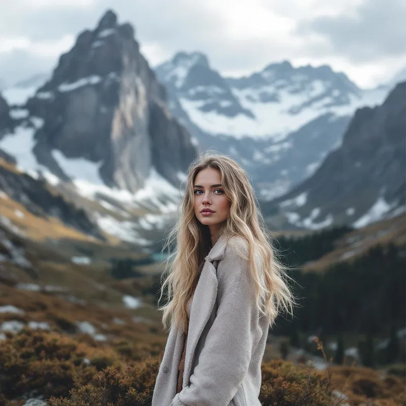 Scandinavian woman with a majestic mountain backdrop