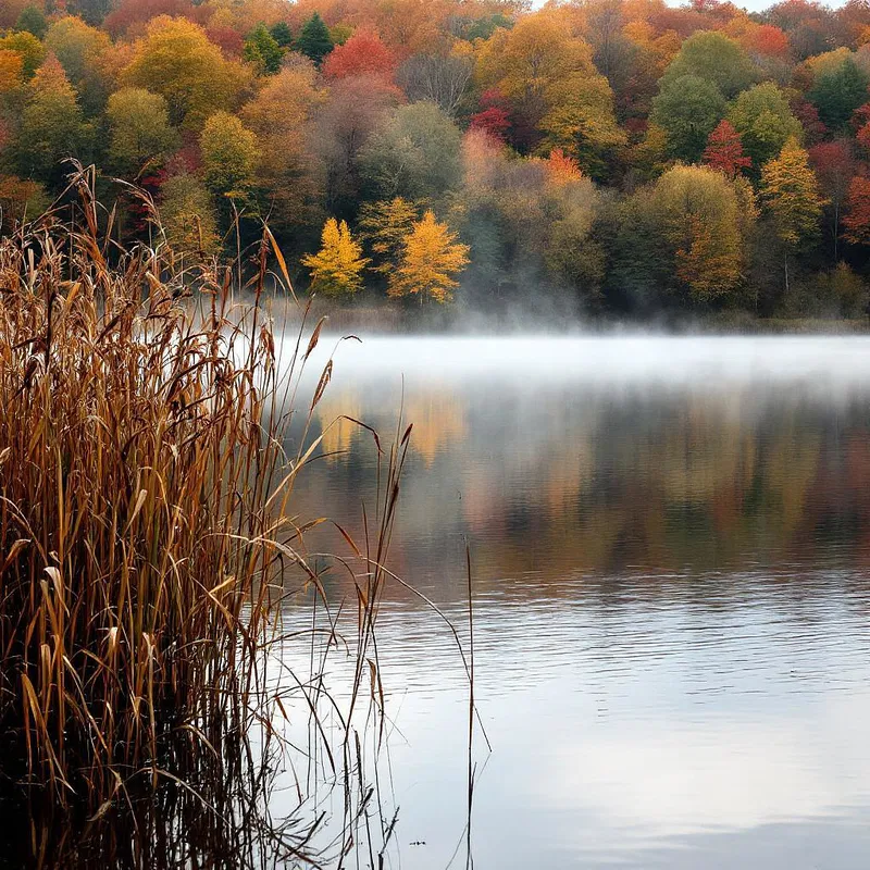 Peaceful autumn lake with reeds and mist