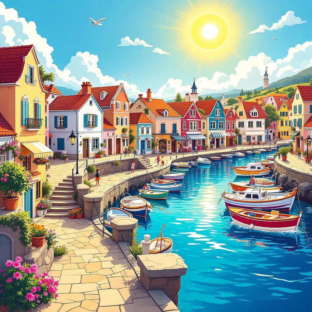 AI image of a vibrant seaside town