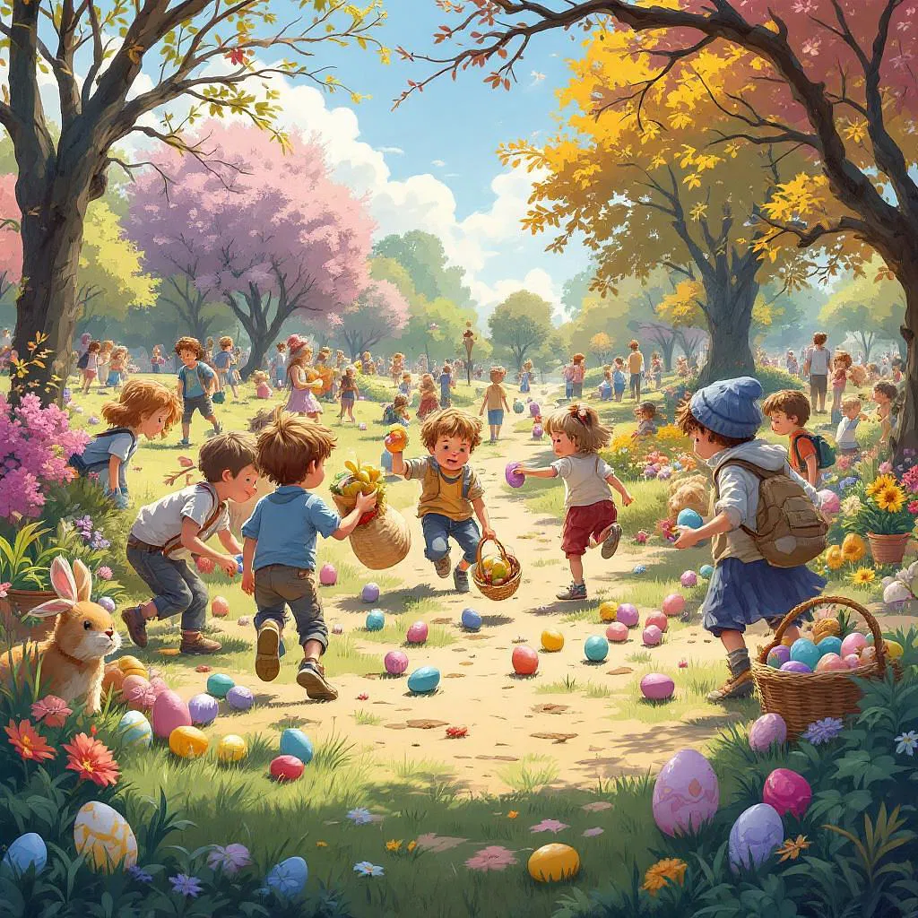 Elaborate Easter egg gathering scene