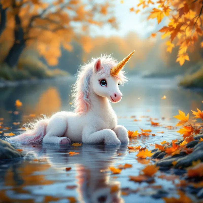 A baby unicorn playing beside a tranquil lake surrounded by autumn leaves.