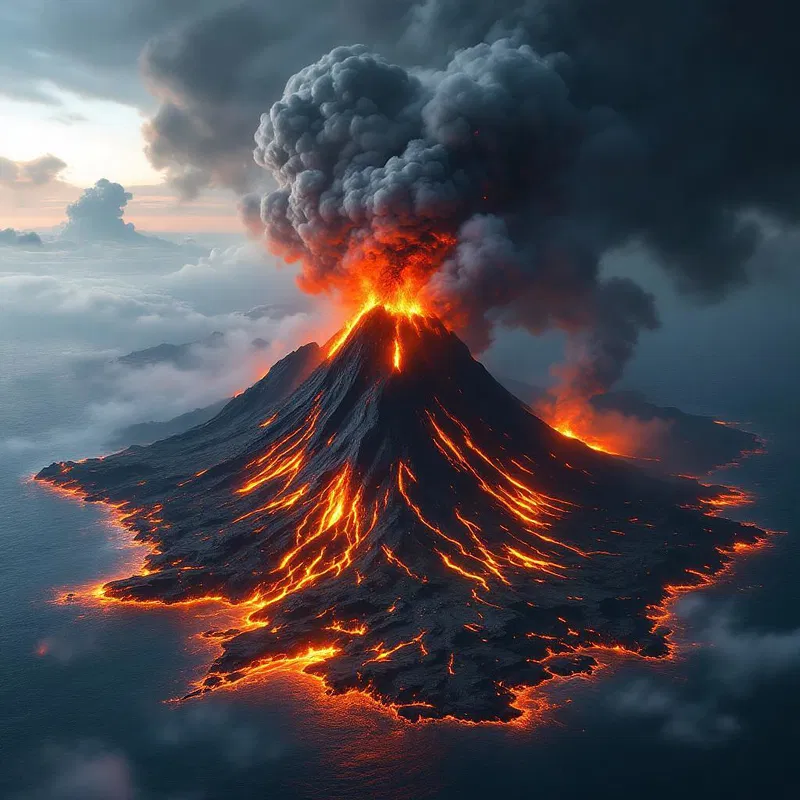 Volcanic island landscape with smoldering volcanoes.