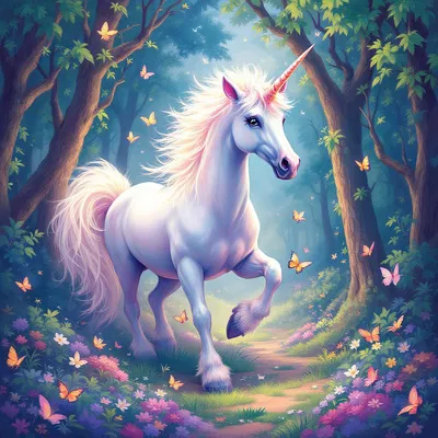 A vibrant scene of a unicorn emerging from an enchanted forest, surrounded by butterflies.