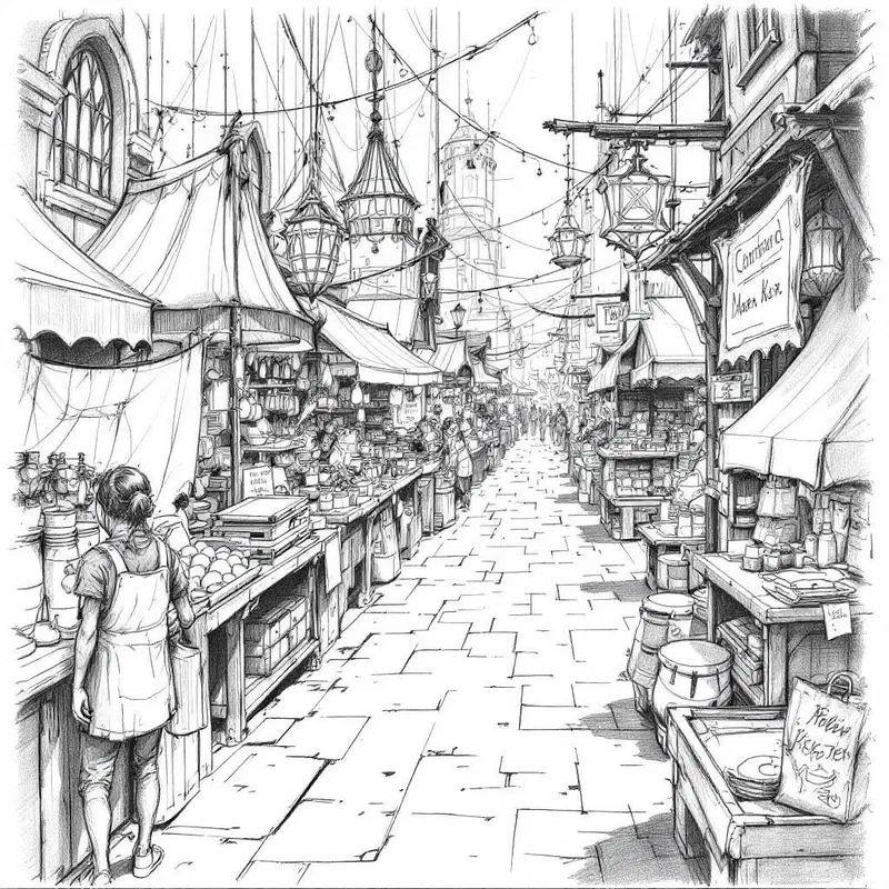 Storyboard sketch of a fantasy market