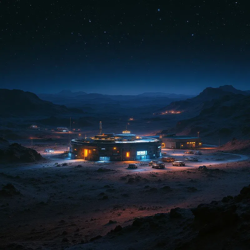 Mars research facility at night