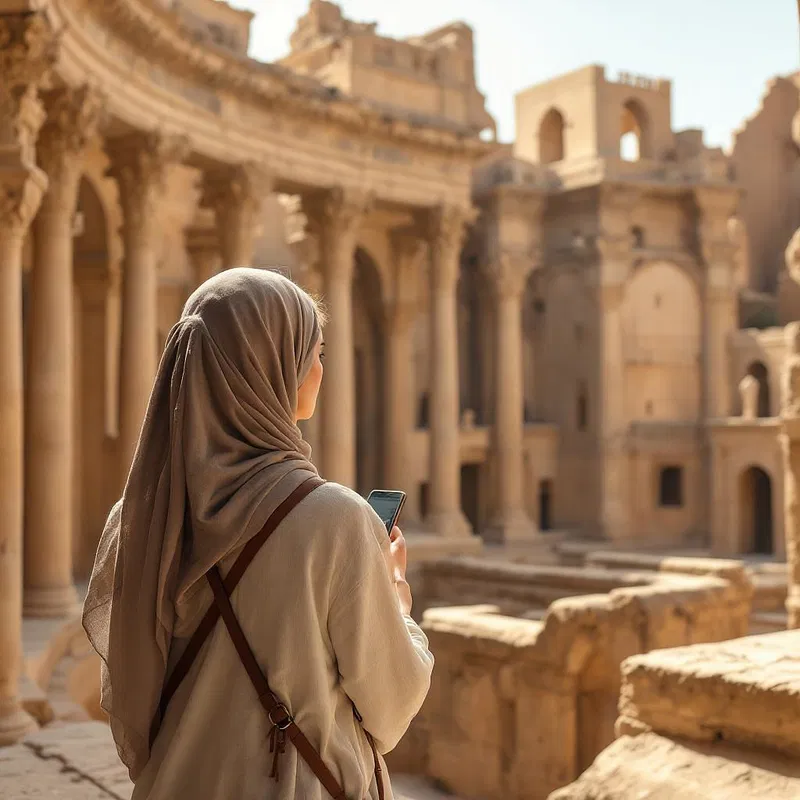 Middle Eastern woman surrounded by ancient architecture