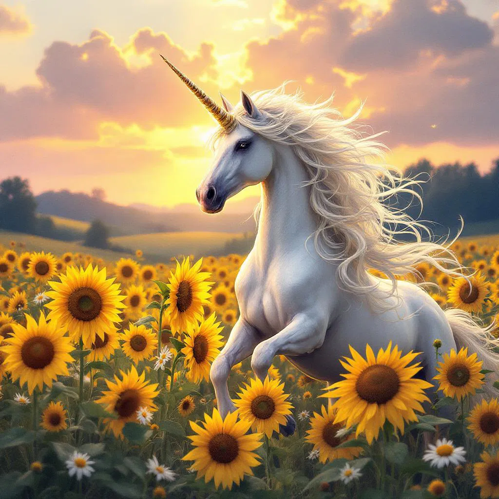 An elegant unicorn in a field of sunflowers at dawn.