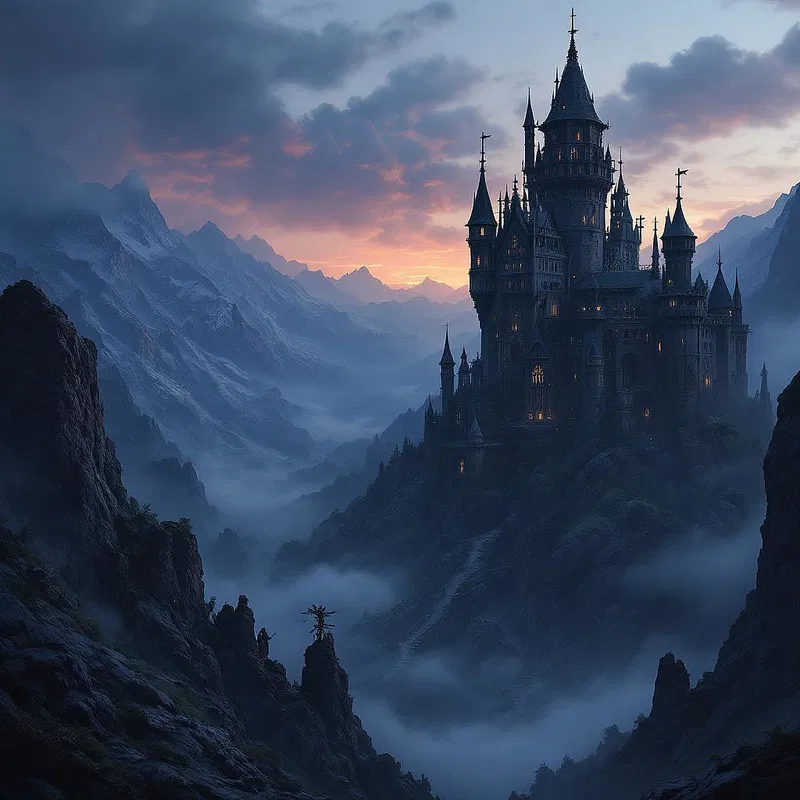 Gothic-inspired fantasy landscape with a dark tower