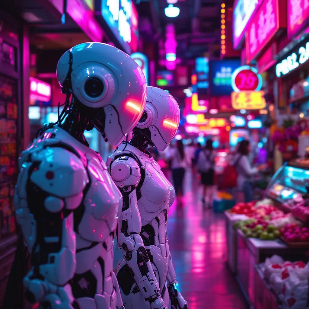 Cybernetic beings in neon markets