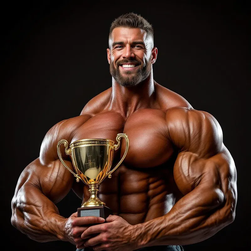 Bodybuilder posing with trophy