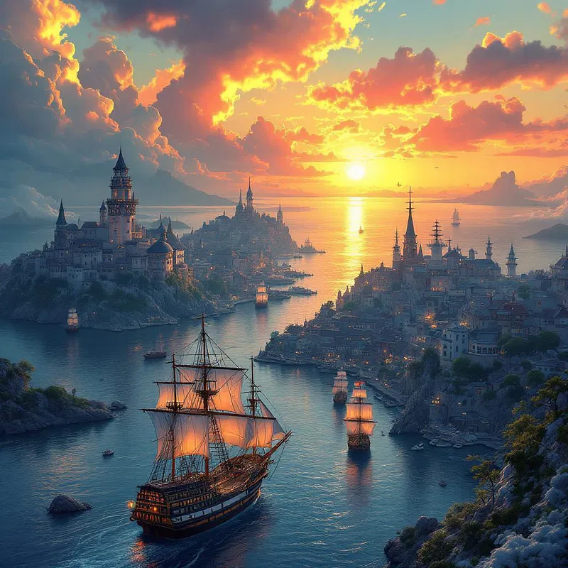 Fantasy port town with ships sailing into the sunset.