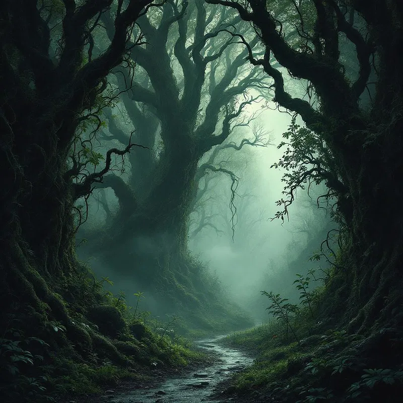 Gothic forest with twisting vines and fog