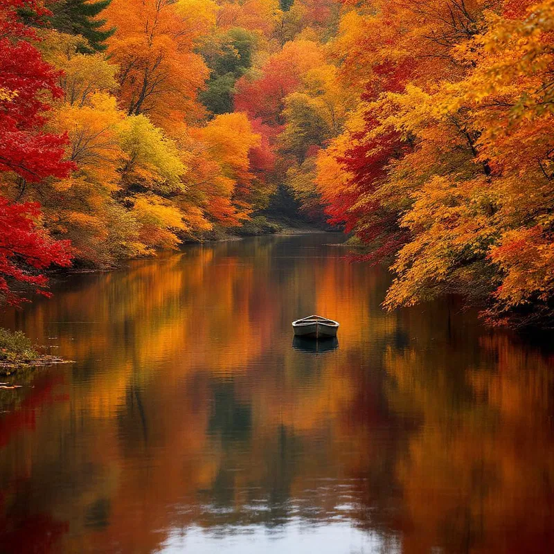 Serene autumn river with rowboat