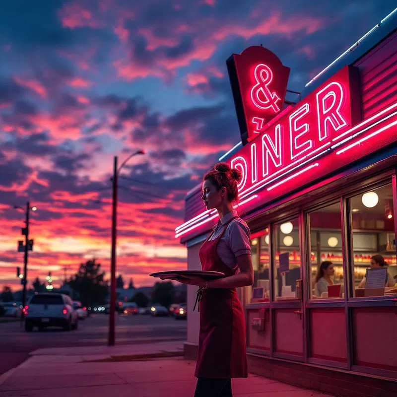 Waitress with a tray outside a neon-lit diner at dusk