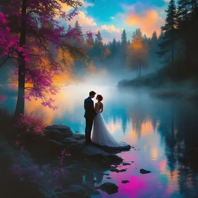 AI-rendered couple standing by a lake