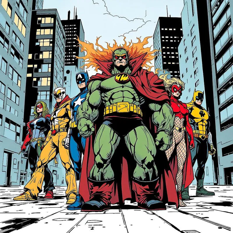 Heroic comic saviors in an urban landscape