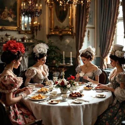 Elegant tea party setting with old-fashioned clothing