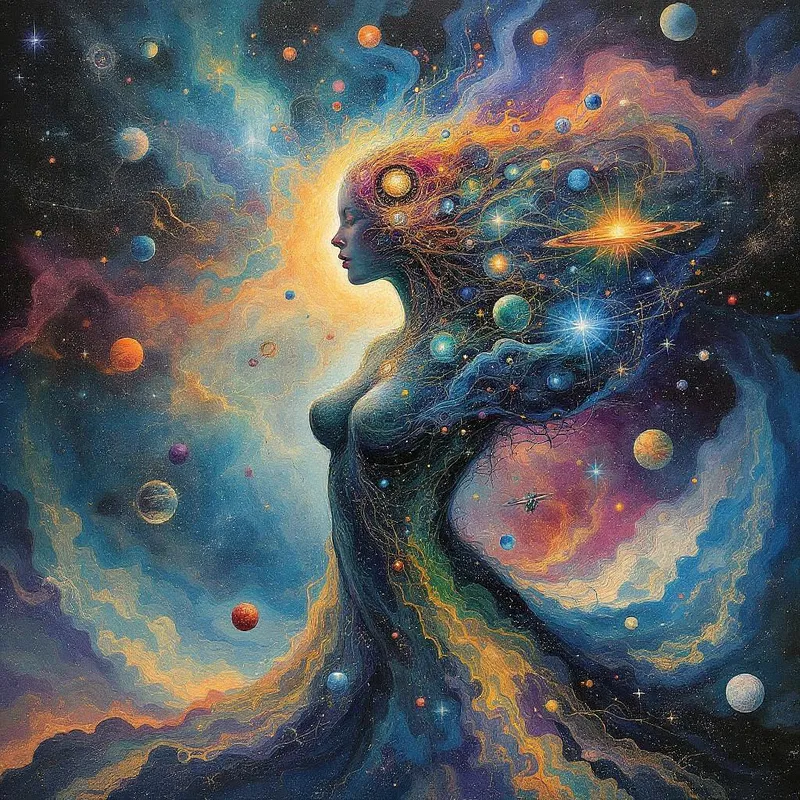 Surreal figure with cosmic elements