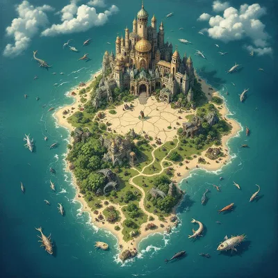 Island surrounded by mythical sea creatures