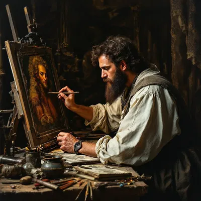 Renaissance artist painting a masterpiece, AI-generated