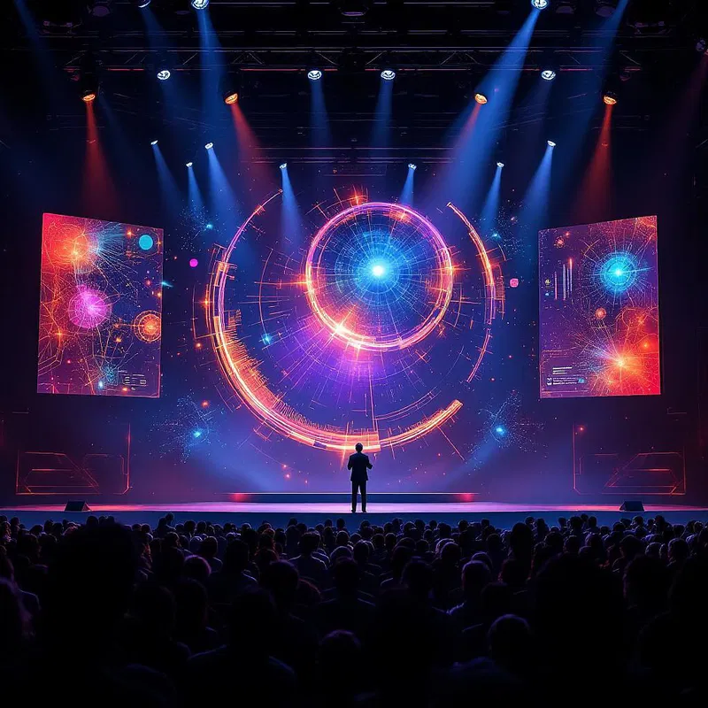 Dramatic keynote stage with AI visuals