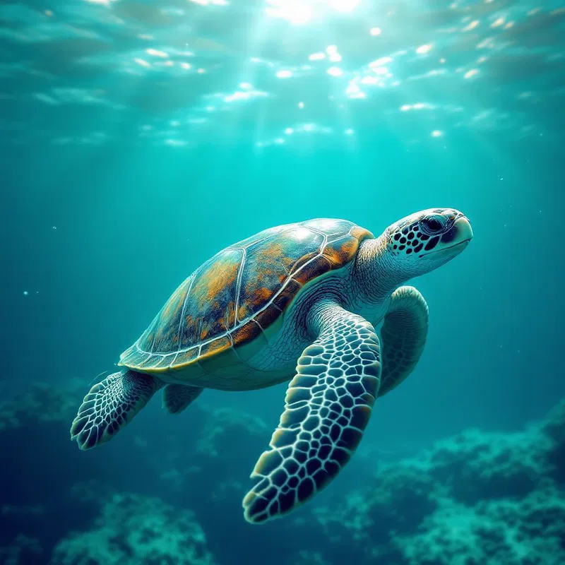 Ancient turtle in a crystal-clear ocean