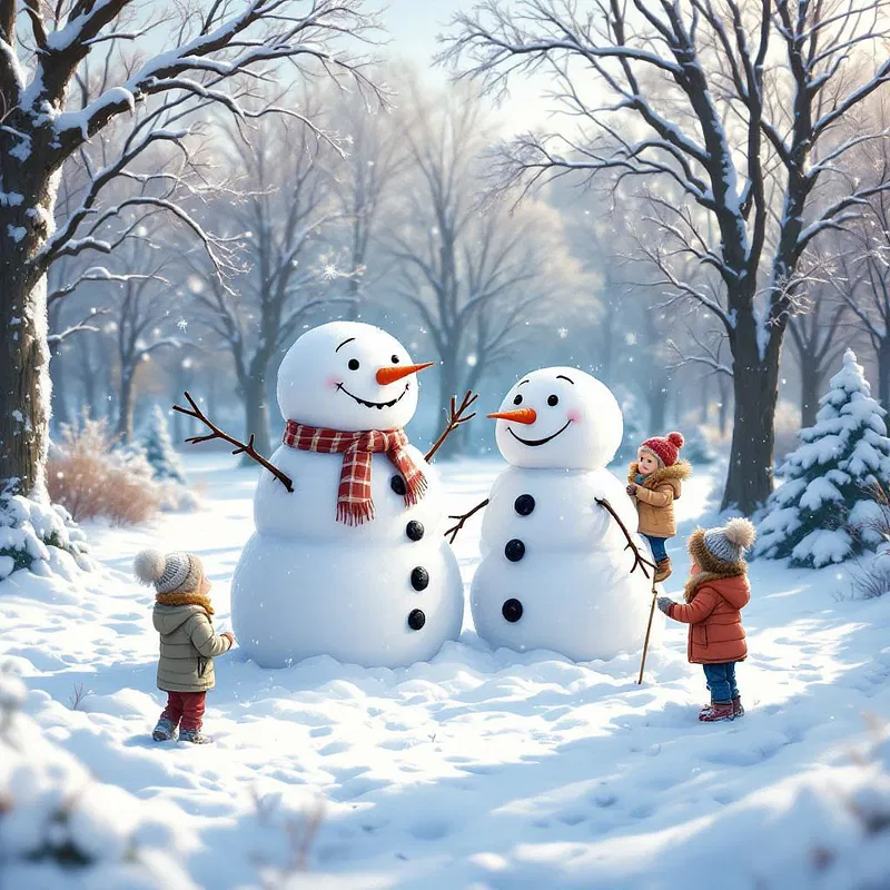 Snowman family in a park