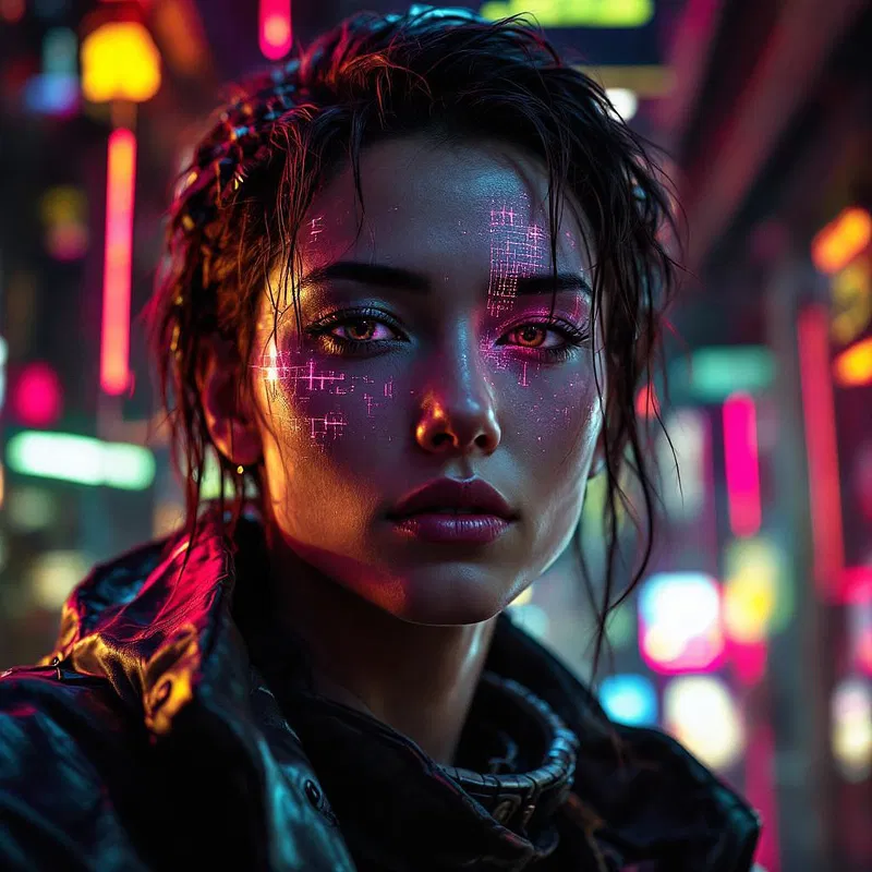 A futuristic AI selfie featuring neon lights and cyberpunk elements.