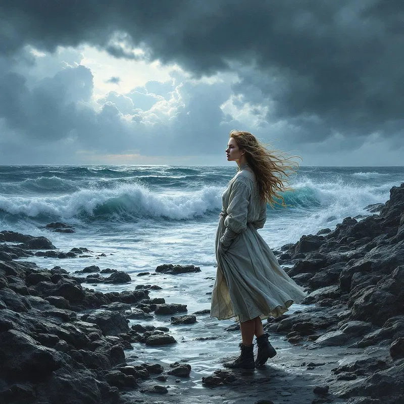 Artistic Scandinavian woman on rocky shore