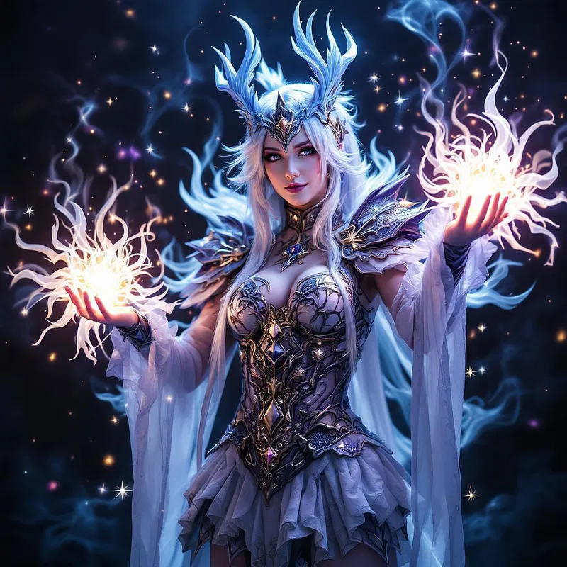 Intricate cosplay costume with magical effects