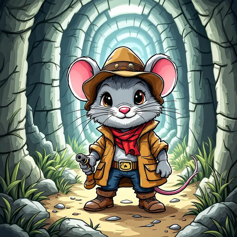 Cartoon mouse in an adventure suit.