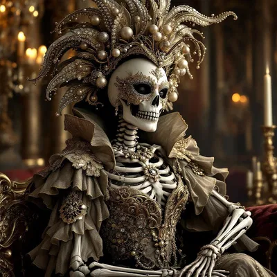 Glamorous skeleton in a masquerade ball