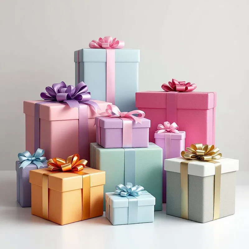 Birthday gift boxes in various colors and sizes