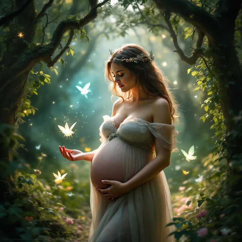 Whimsical fairy-tale maternity scene