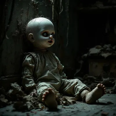 a creepy doll with cracked porcelain skin