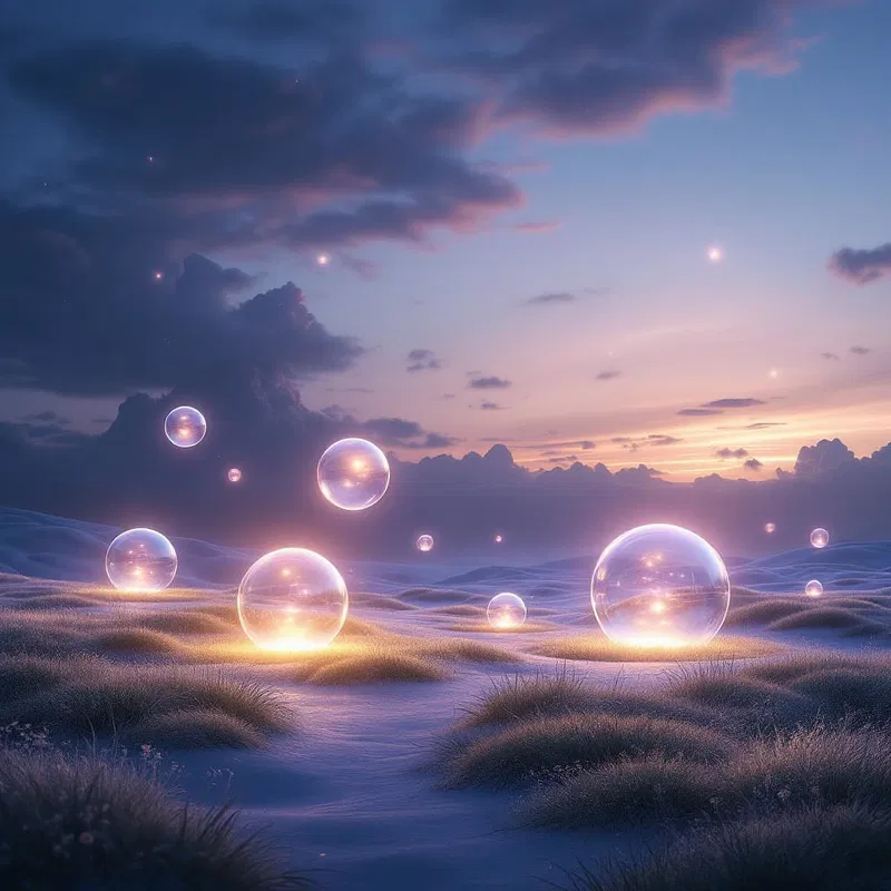 Meditative landscape with floating orbs of light