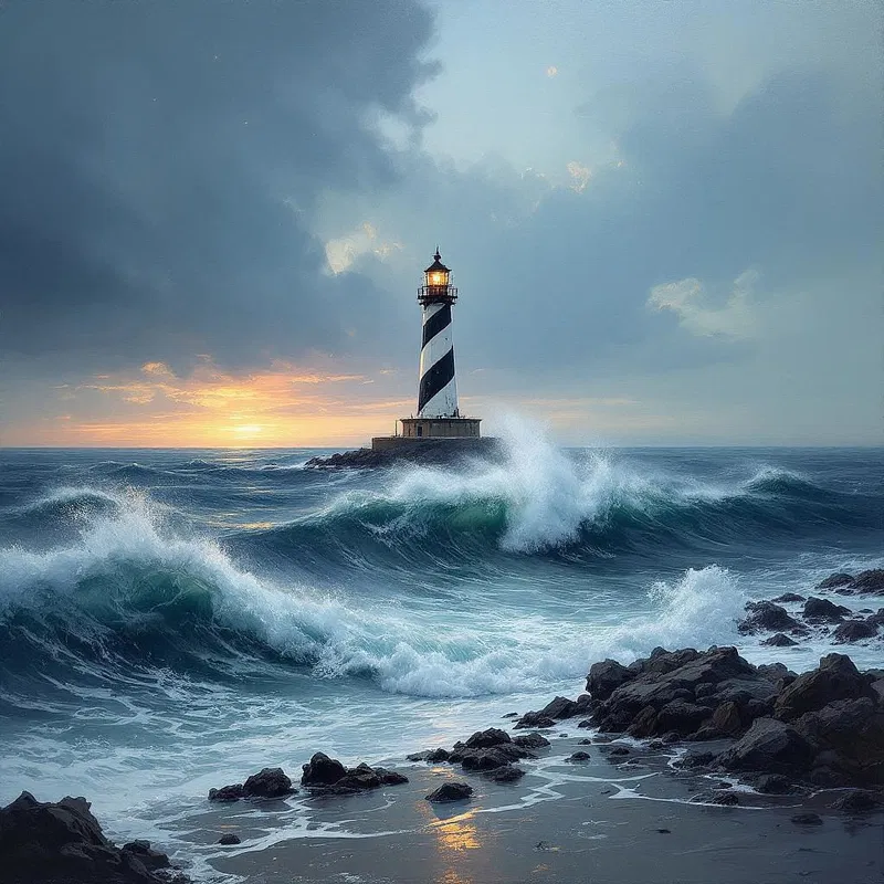 AI-generated oil painting of a solitary lighthouse