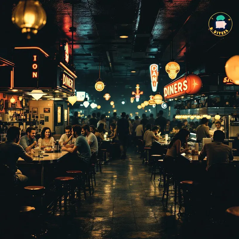 Evening scene of a bustling 1950s diner