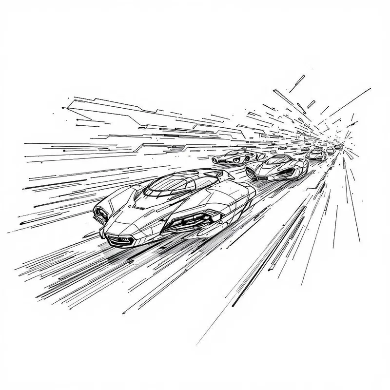 Storyboard sketch of a futuristic vehicle chase