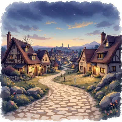 AI-generated watercolor illustration of a cozy village