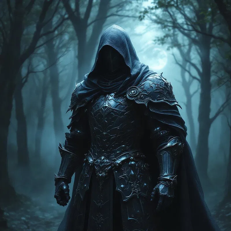 Gothic knight standing in a misty forest