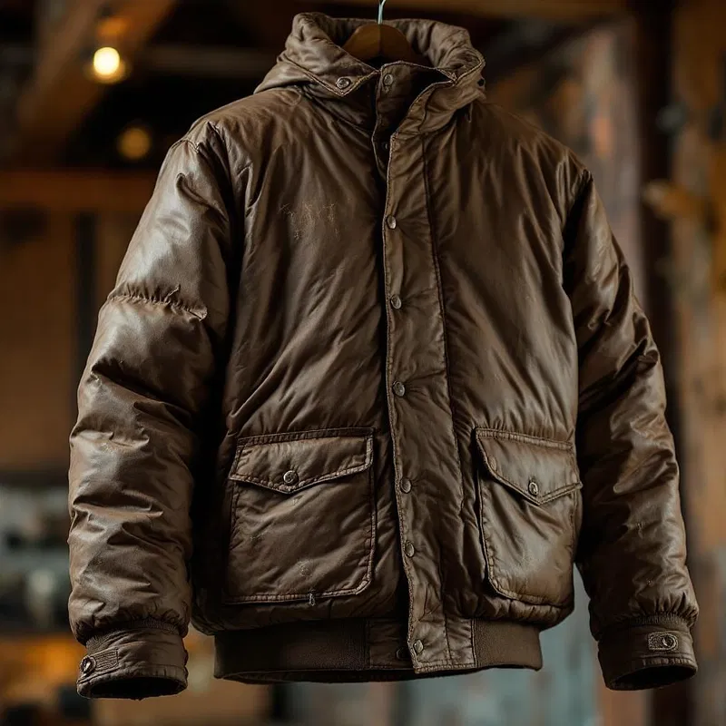 Vintage-themed brown puffer jacket