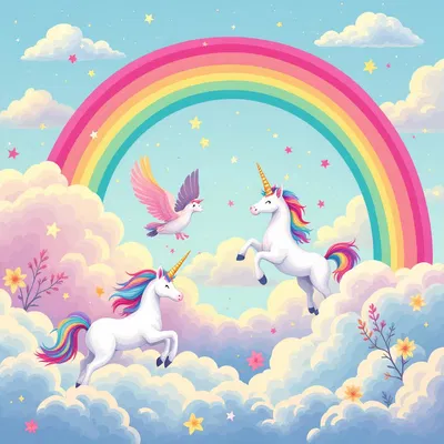 A whimsical depiction of unicorns playing in the clouds, with a rainbow arching across the sky.