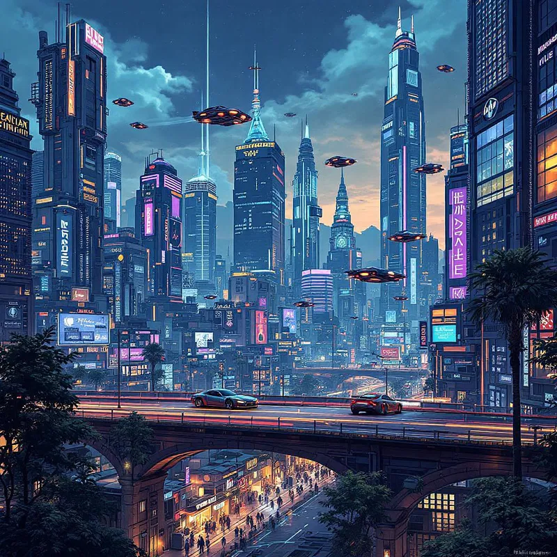 Futuristic city with flying cars