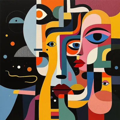 A vibrant collage of abstract shapes and faces