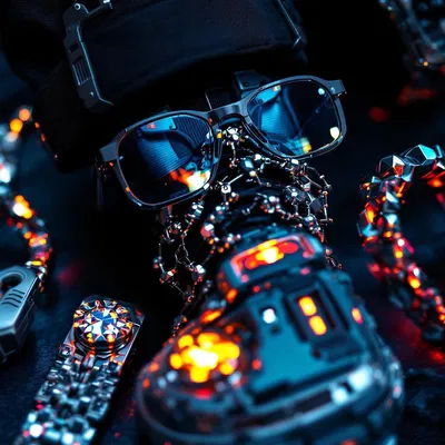 Close-up of cyberpunk accessories with technological details.